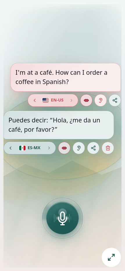 Actual OZZZ app in Saver: conversation bubbles, language and replay controls, and the round microphone control.
