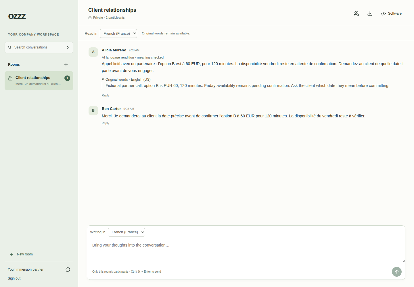 Actual OZZZ development workspace: two participants discuss a fictional EUR 60 excursion in French, with the original English words available below.